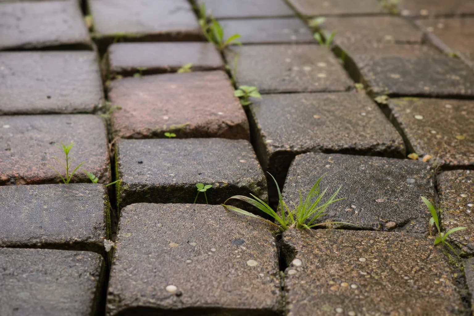Close-up of block paving with empty joints, shifted blocks and weeds growing through