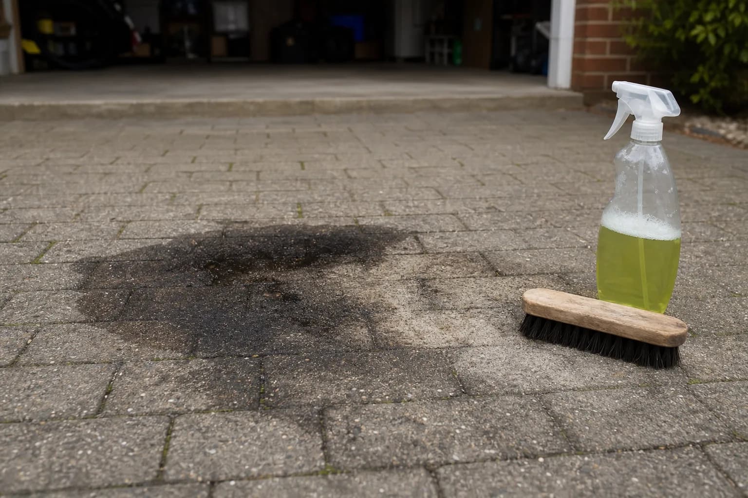 An oil stain on a concrete block driveway beside a degreaser bottle and stiff brush