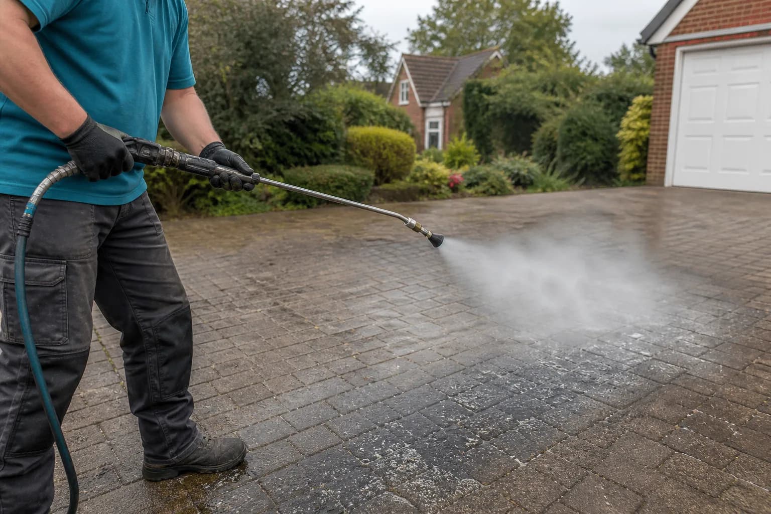 A cleaning operative applying a low-pressure soft-wash treatment to block paving